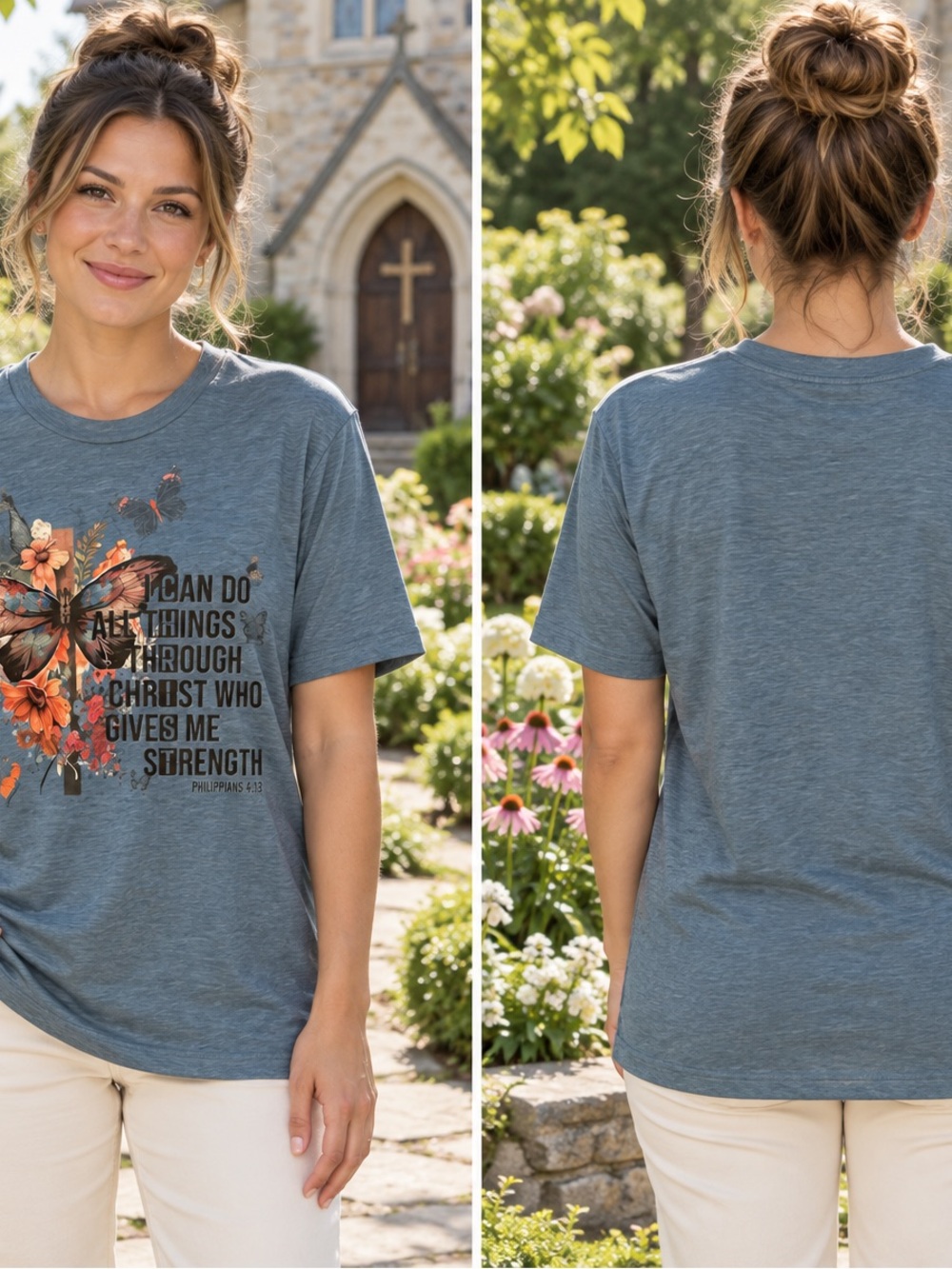 Women's Heather Blue Floral Scripture Graphic Tee